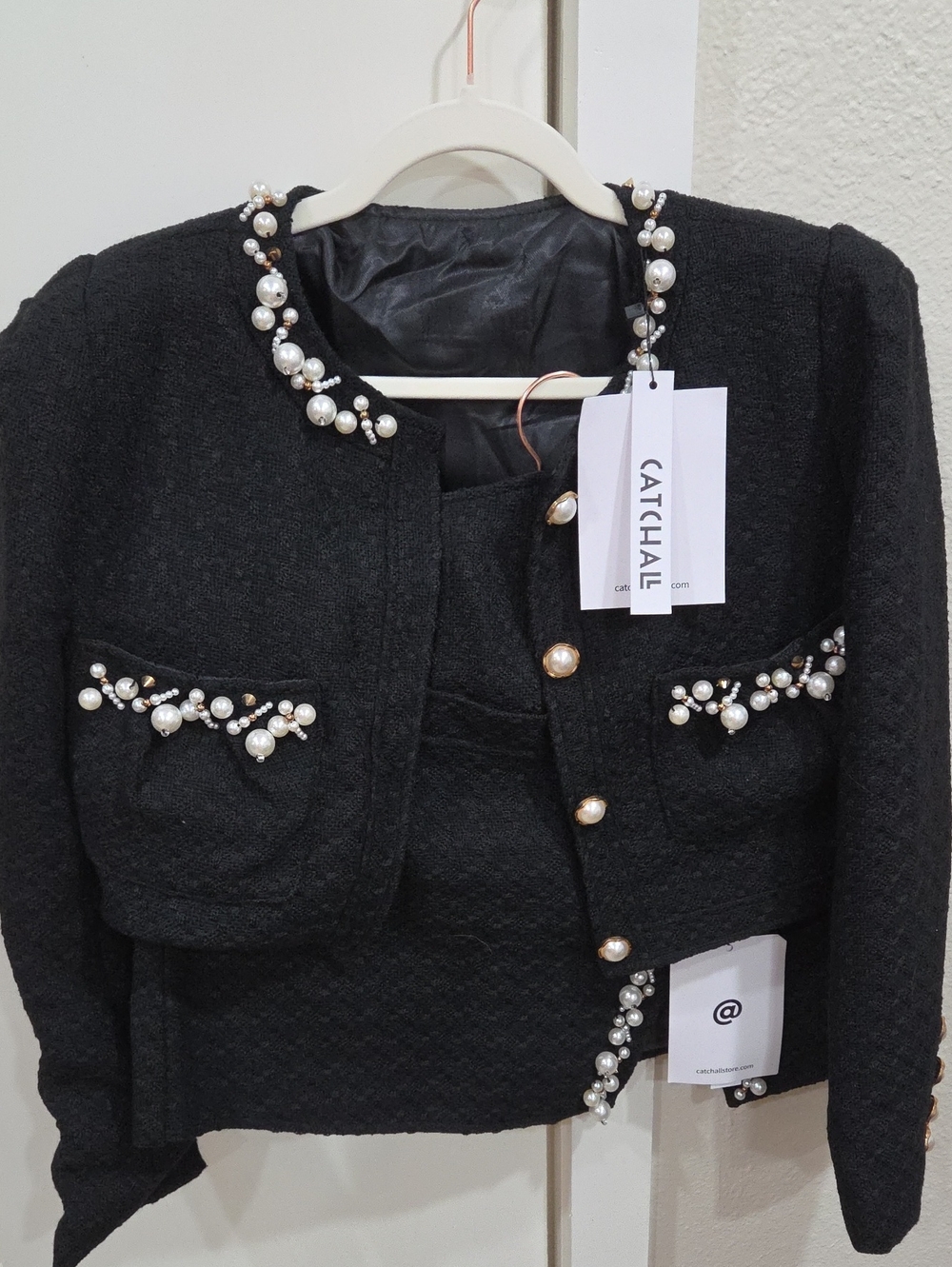 Catchall Black Pearl-Embellished Cropped Suit for Women